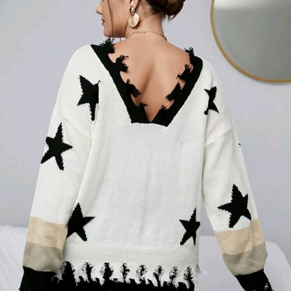 Plus Star Pattern Drop Shoulder Distressed Sweater - Picture 2 of 5